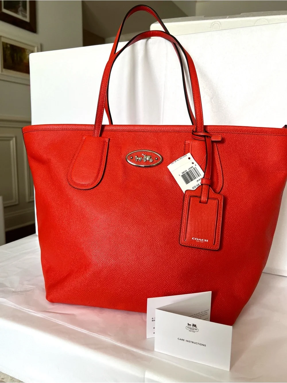 Coach Red Leather Tote with Luggage Tag and Logo Plaque
